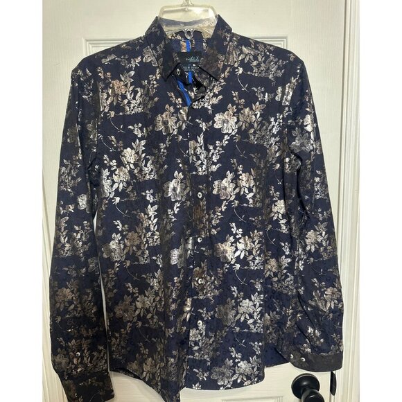 Eight X Jacquard Gold Floral Foil Button Down Shirt, Size Small - Picture 2 of 11